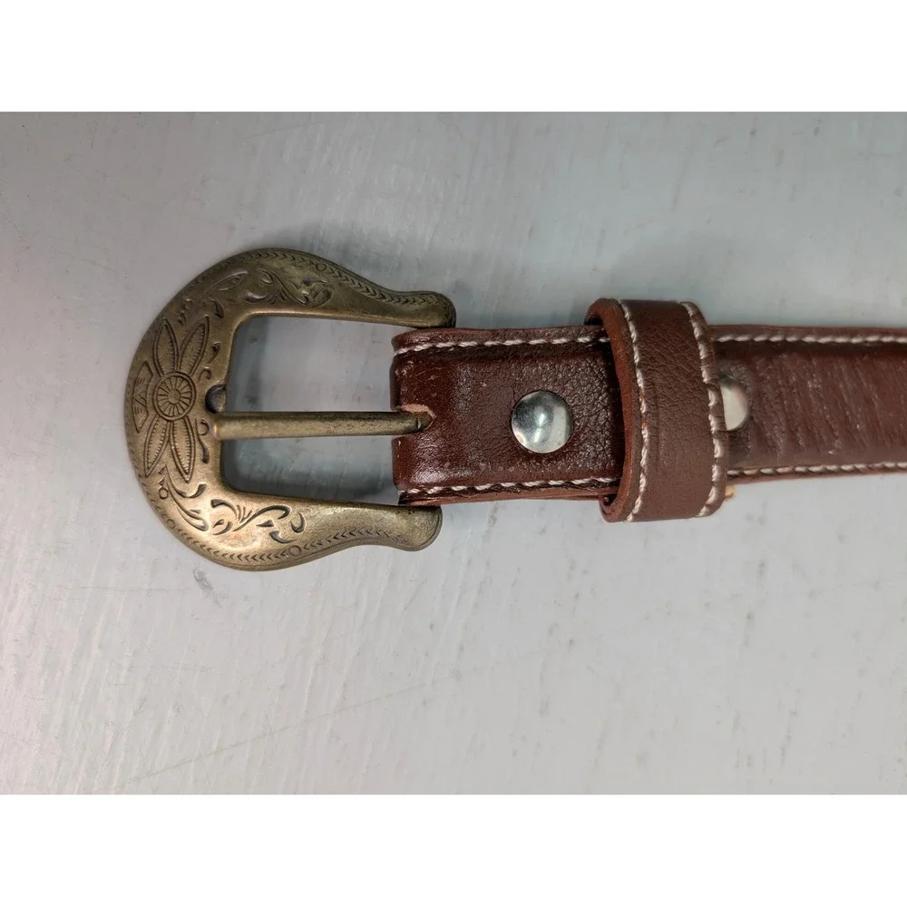 Angelica Leather Western Belt Diamond Inlay‎ Engraved Buckle Brown USA Size 36